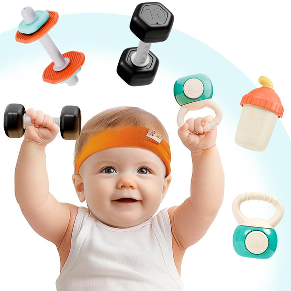 Baby First Gym Rattle Set, Infant Dumbbell Weights Teething Rattles 3-6-12 Month, Newborn Workout Sensory Stroller Toy, Babies Birthday Shower Gift 5 7 8 9 10 Month Toddler Boy Girl-4Pcs