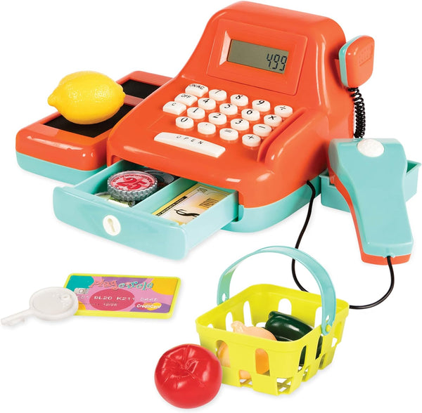 – Interactive Kids Cash Register with Scanner & Sounds – 26 Pieces Pretend Play Shopping Set with Light – up Scanner, Play Money & Card – Educational Toy for Learning & Fun – 3+ Years