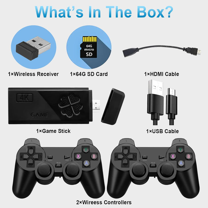 Wireless Retro Game Console Stick, Upgrade Retro Video Gaming Stick Built in 20000+ Games with 9 Emulators,4K HDMI Output with 2 Pack 2.4G Wireless Controllers，Game Emulator Console 2025（64GB）