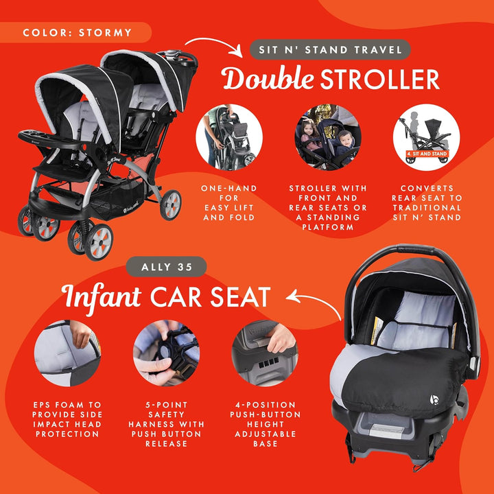 Infant and Toddler Double Stroller & Car Seat Combo, 2 Pc Set, Stormy - Portable and Lightweight Stroller Duo and Car Seat Travel System Tandem