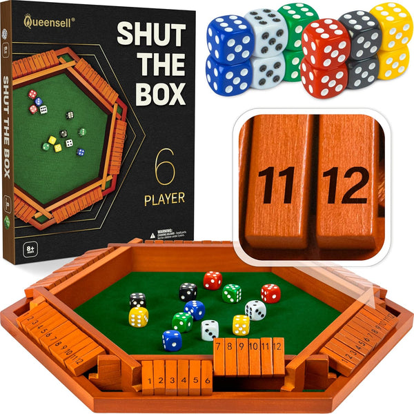 Shut the Box Game Wooden Board for 1-6 Players - 16-Inch Shut the Box Game 12 Numbers for Adults & Kids - Ideal for Games Night