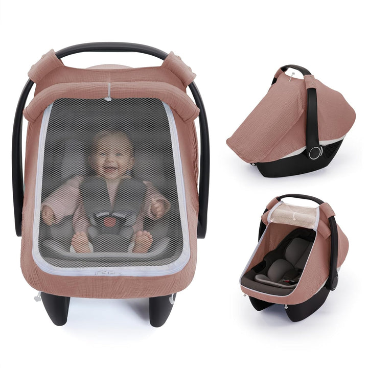 Baby Car Seat Cover, Extra Large Mesh Window, Breathable Muslin Cotton, Infant Windproof Canopy, Must-Have Baby Gift - Roman Green