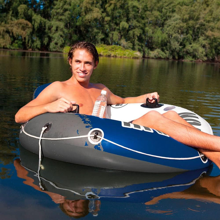 58825EP River Run 1 Inflatable Floating Lounge: Comfortable Backrest – Built-In Cup Holders – Durable Grab Handles – All around Grab Rope – 220Lb Weight Capacity– Blue