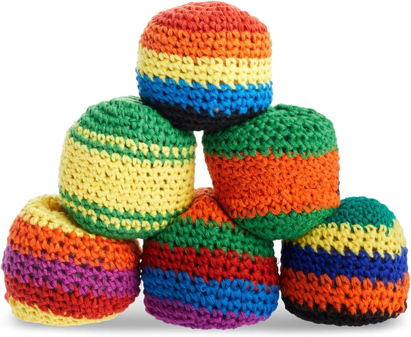 6 Pack Knitted Juggling Sacks - Soft Foot Bag Balls for Adults, Party Favors, and Soccer Training - 2.5 X 2 X 1.5 in Juggling Balls (6 Designs Hanky Sacks)