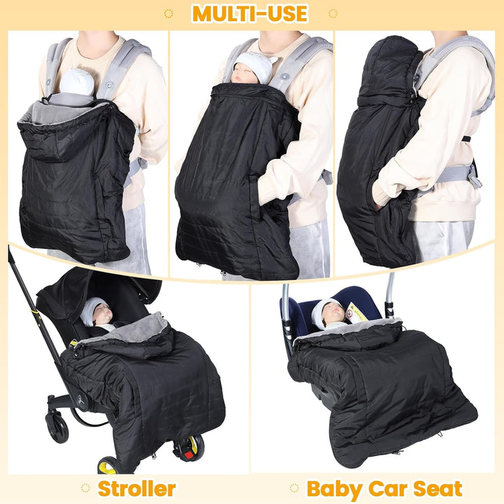 Winter Baby Carrier Cover with Detachable Hood, Waterproof & Windproof, Universal for Baby Carriers and Baby Waist Stool, Baby Bunting Bag for Car Seats and Strollers with Storage Bag, Black