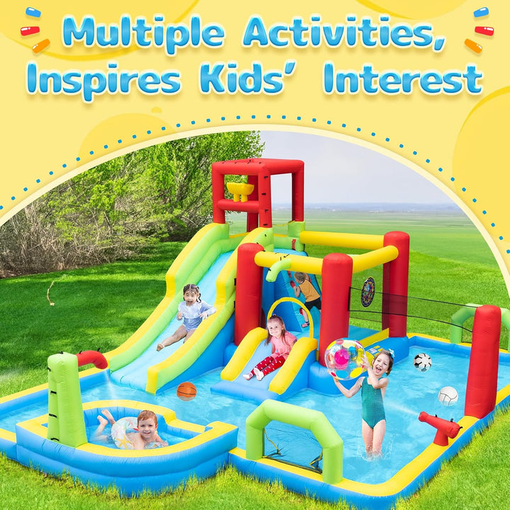 Inflatable Water Slides Park, Large Water Castle for Kids Fun Outdoor Jumping Inflatable Bouncers with Extra Large Pool and 2 Slides, 3 Types of Ball Games, Easy to Set up with Air Blower