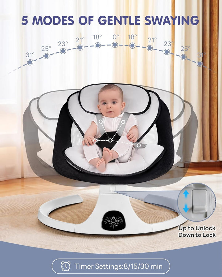 Baby Swing for Infants to Toddler Electric Newborn Swing with 5-Speed 3-Seat Positions 5-Point Carabiner,With Bluetooth Music 10-Preset Melodies, Indoor and Outdoor Use