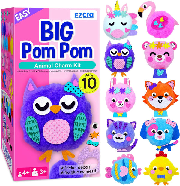 Kids Crafts Ages 4-8 – 10 Plush Pom Pom Animal All-In-One DIY Craft Set – Felt Stickers, Educational & Creative Gift for Girls & Boys