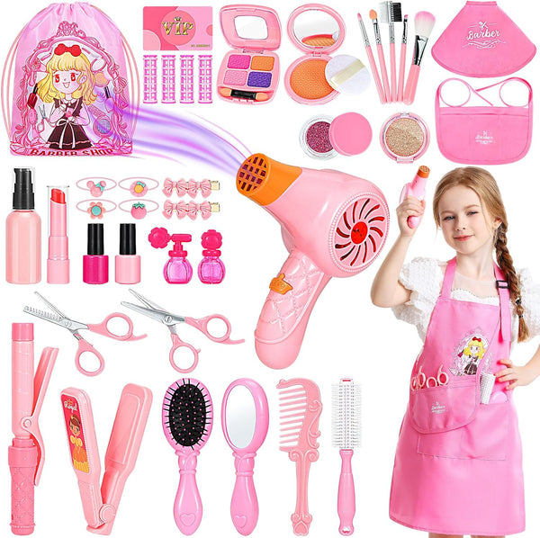 Hair Salon Toys for Girls, 39 Pc Pretend Play Makeup Toys Set, Beauty Play Hair Styling Kit with Blow Dryer, Barber Apron and Scissors Accessories for 3-9 Year Old