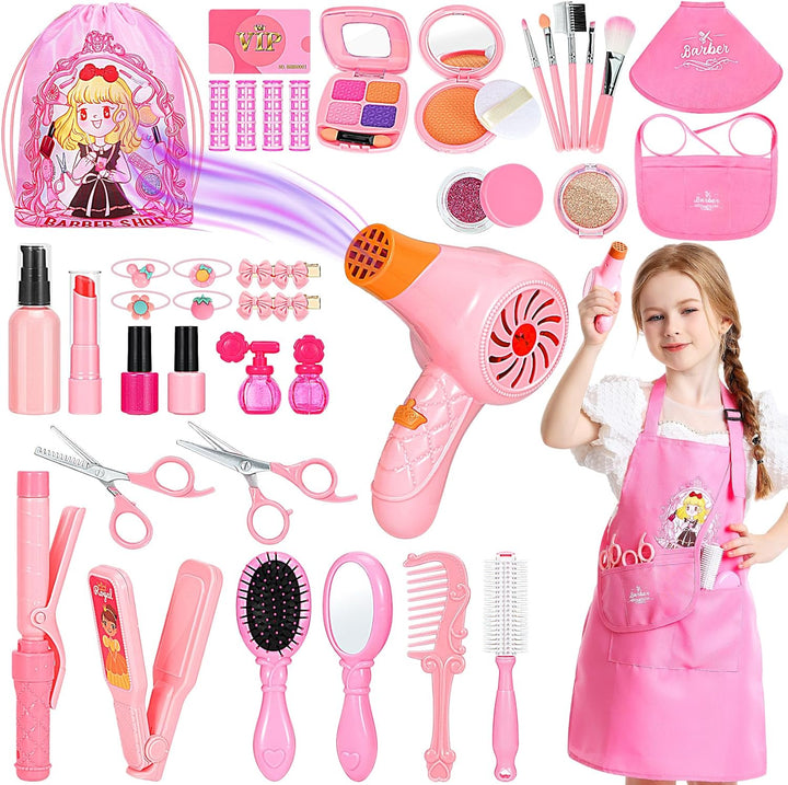 Hair Salon Toys for Girls, 39 Pc Pretend Play Makeup Toys Set, Beauty Play Hair Styling Kit with Blow Dryer, Barber Apron and Scissors Accessories for 3-9 Year Old