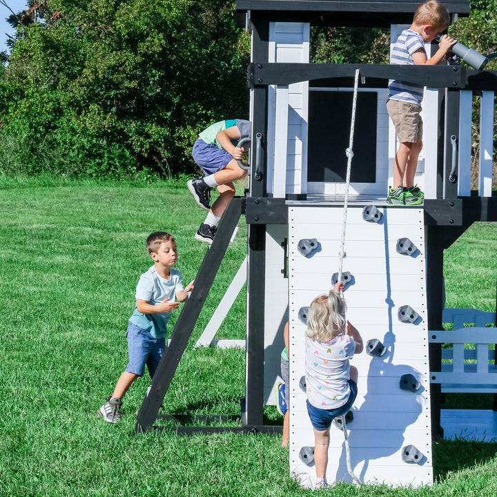 Canyon Creek White Cedar Wood Swing Set with Wave Slide, Clubhouse, Play Kitchen, Picnic Area, Belt Swings, Web Swing, Rock Wall, Balconies, Playhouse, Step Ladder, Outdoor Playset