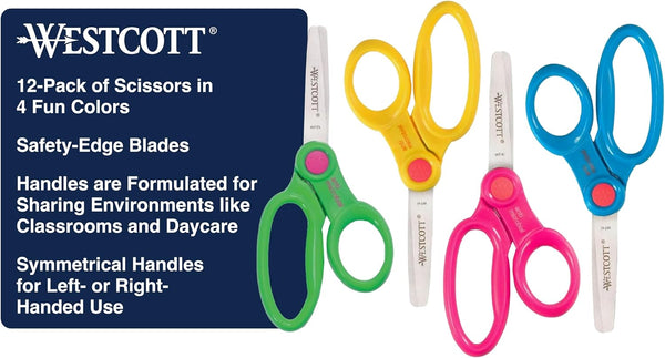 14871 Right- and Left-Handed Scissors, Kids' Scissors, Ages 4-8, 5-Inch Blunt Tip, Assorted, 12 Pack