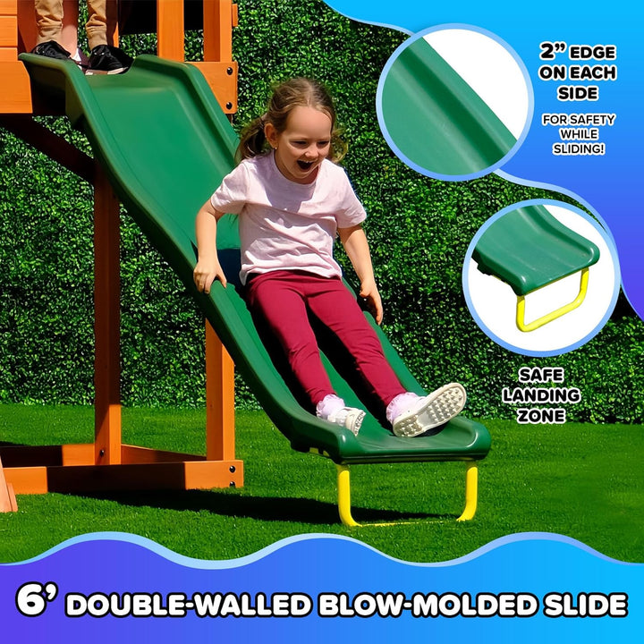 Amelia Heavy Duty Wooden A-Frame Swing Set: Saucer + Adjustable Swing, 6Ft Blow Molded Slide, Play Fort/Rock Climb Wall + Sandbox, EXCEEDS ASTM Safety Standards*Bonus Anchor Kit*