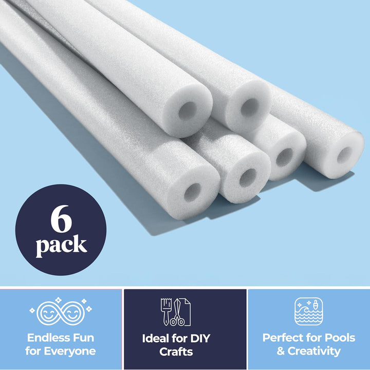 Pool Noodles Foam 6 Pack - Soft Large White Foam Noodle Tube, Bulk Swim Noodles, Multi-Purpose, Pool Toy, Floating Training Device, Exercise Aid, Craft Projects