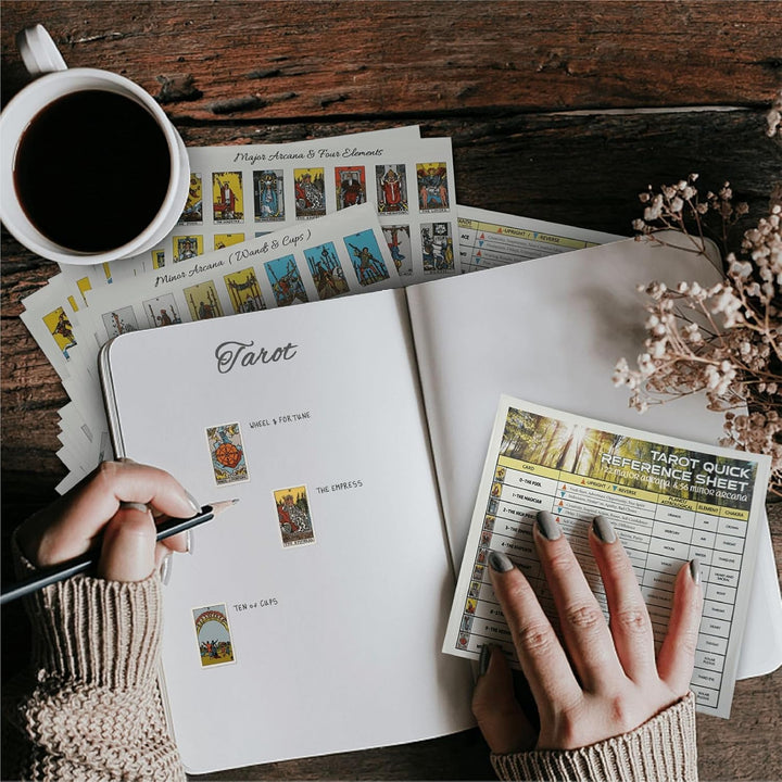 Mini Tarot Stickers for Journaling - 1008 PCS Tarot Card Stickers Based on Rider Waite Tarot Deck - 1.25" X 0.78" - Clear Printing & Glossy Finish – 4 Tarot Cheat Sheets Included