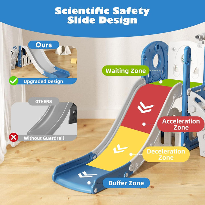 Toddler Slide 7 in 1 Outdoor Playset Kids Slides Indoor Playground for Backyard Baby Climber with Telescope Basketball Hoop and Ball Storage Space for Age 1+ Years (Blue)