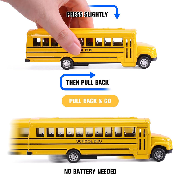 2 Pack Pull Back Bright Yellow School Bus Toys, 5.5" Die-Cast Metal Friction Powered Toy Vehicles for Kids Boys Girls