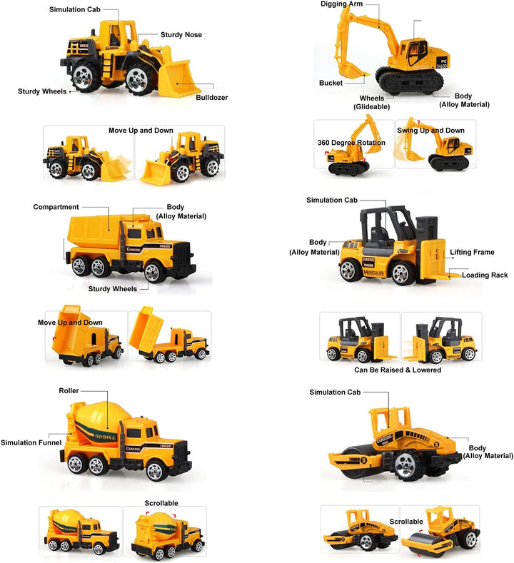 Small Construction Toys, 6Pcs Construction Vehicles Trucks Kids Birthday Gifts Vehicle Toy Toddlers Boys Mini Car Set Die Cast Engineering Excavator Digger Trucks