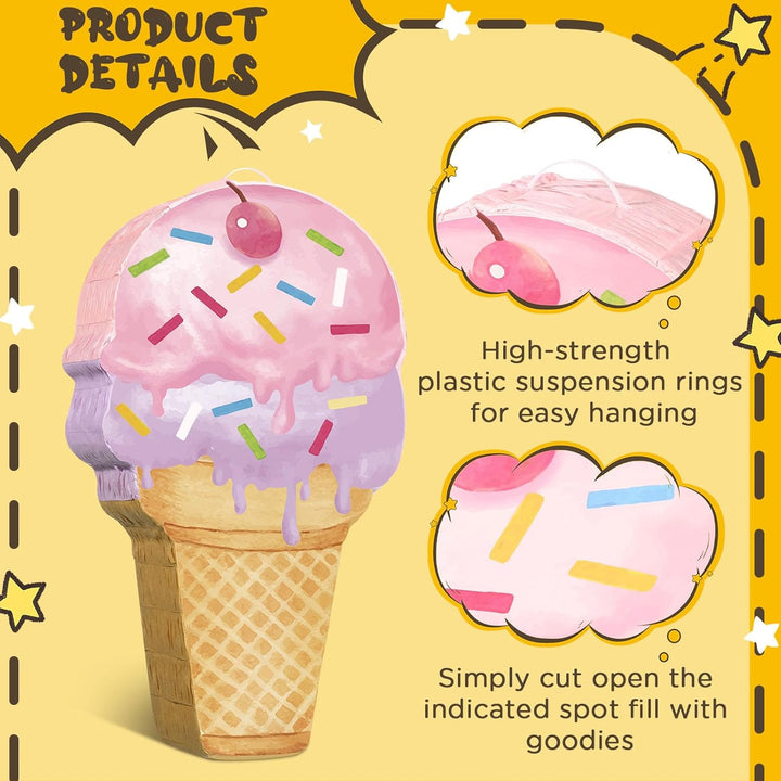 Pink Ice Cream Piñata Cute Dessert Cone Shaped Piñata with Stick Blindfold for Ice Cream Candy Birthday Party Summer Baby Shower Wedding Party Supplies Decor, 15.8 X 9.5 Inch