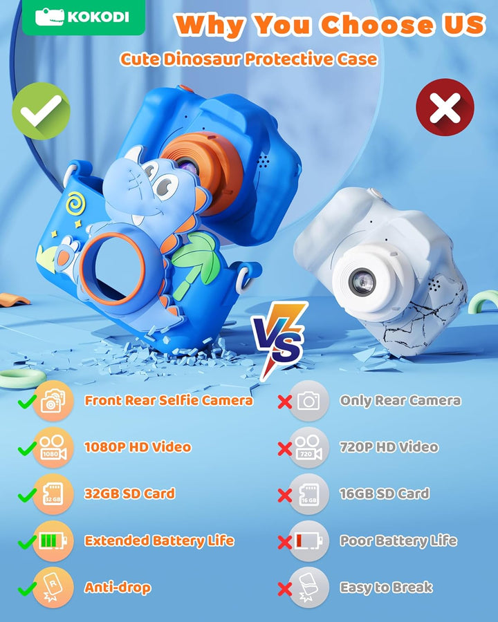 Kids Camera Toy Digital Camera for Kids, Dinosaurs Birthday Gifts for Boys Age 3-12, 1080P HD Video Camera for Toddler, Children Toys for 3 4 5 6 7 8 9 Year Old Boys with 32GB SD Card