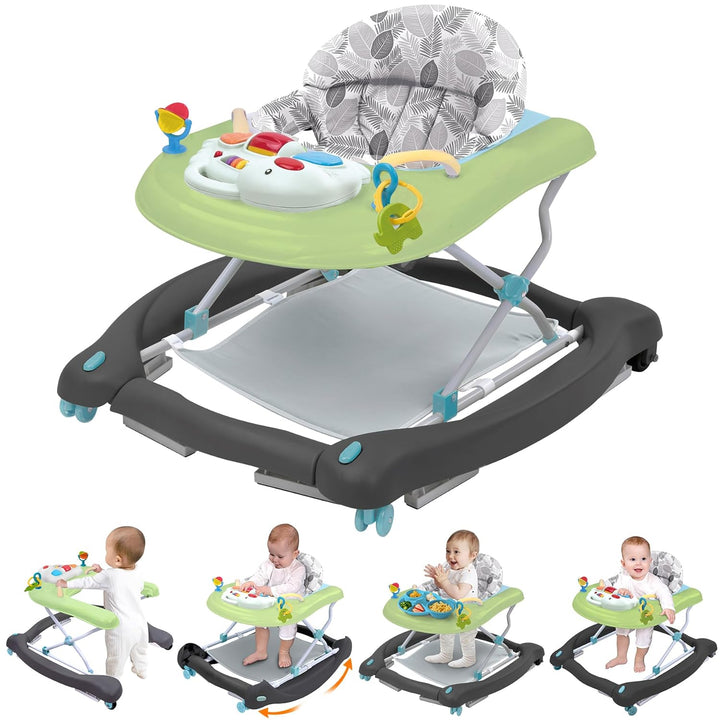 Foldable Baby 5-In-1 Activity Walker - Rocker, Activity Center, Bouncer, Seat Walker, Push Walker - Adjustable Speed Rear Wheels and Height Toys Ages 6-18 Months… (Pink)