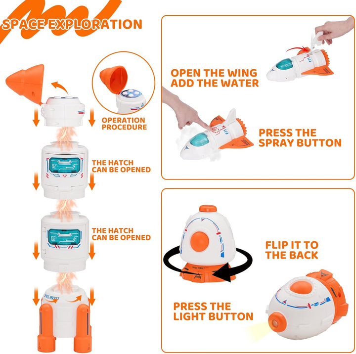 Spaceship Toy Set for Kids, Space Astronaut Play with Lights & Sound and Spray Effect, Interactive Toys, Rocketship Solar System Playset with Rocket Shuttle, Space Station, Space Rover (Orange)