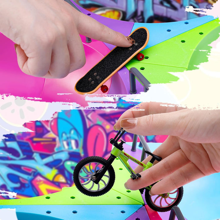 Finger Skateboards Ramp Set,Mini Fingerboard Rail Kit with 12 Ramps,2 Fingerboards,1 Finger Bike, Finger Toy for Kids Adults,Ultimate Skatepark Training Props - Fingerboard Skate Set