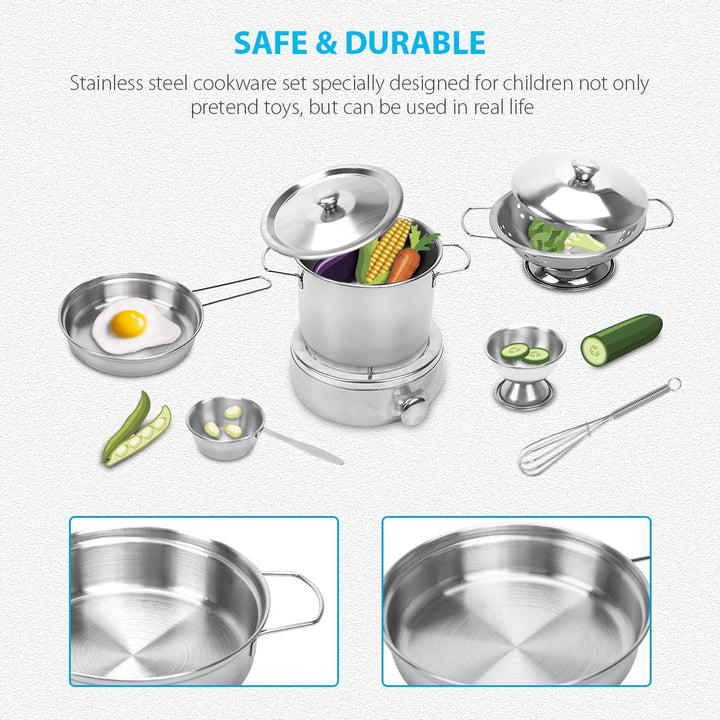 Kids Kitchen Pretend Play Toys, Cooking Toys Play Pots and Pans Set for Kids, 21Pcs Small Stainless Steel Kitchen Cookware Kits Toys, Cookware Playset for Girls, Boys