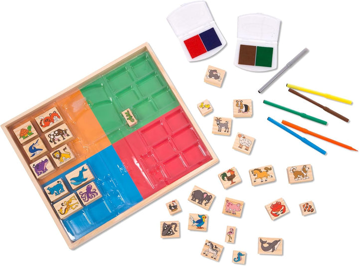 Deluxe Wooden Stamp Set: Animals - 30 Stamps, 6 Markers, 2 Stamp Pads