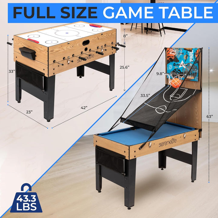 48" 6-In-1 Multi Game Table, Full-Size Indoor and Outdoor Arcade Sports Table with Pool, Air Hockey, Foosball, Basketball, Table Tennis, Dining Table, for Family, Kids, Adults