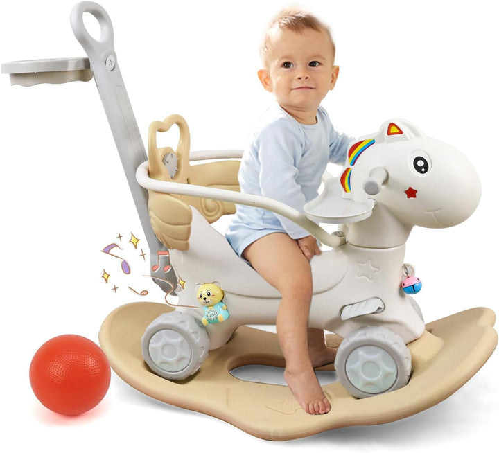 4 in 1 Rocking Horse Ages 1-3, Baby Rocking Toy Birthday Gift for Toddlers 1-3 Years Old, Balance Bike Ride on Toys with Push Handle, Backrest and Balance Board for Baby Girl and Boy, Green