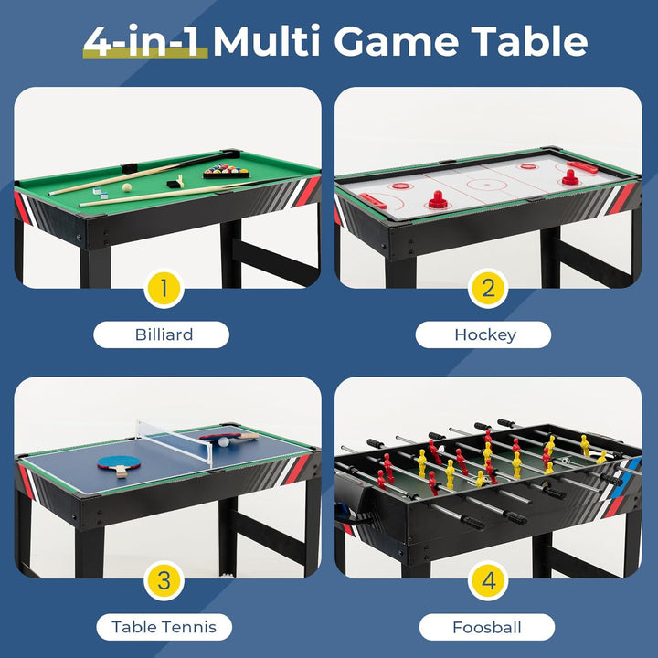 4 in 1 Multi Game Table, 49" Combo Game Table with Foosball Table, Pool Billiards, Air Hockey & Table Tennis for Kids Adults Family Game Room