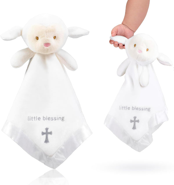 Lamb Lovey, Baptism Gifts for Girl & Boys - Loveys for Babies, Soft Embroidered Baby Blanket with Cross, Baptism Blanket for Newborns & Toddlers, Organic Cotton,14 Inch