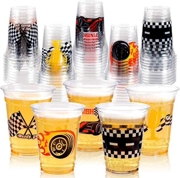 50 Race Car Birthday Party Decorations, 12Oz Checkered Flag Racing Party Disposable Plastic Cups for Boys Fast One Two Birthday Car Party Favors Supplies