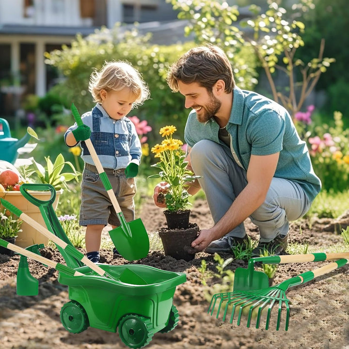Kids Gardening Tools Set - 7Pcs Wheelbarrow Set for Kids with Shovel, Rake, Leaf Rake, Summer Outdoor Yard Digging Weed Toys, Halloween Birthday Gifts for Boys Girls Age 2 3+ Years Old(Green)