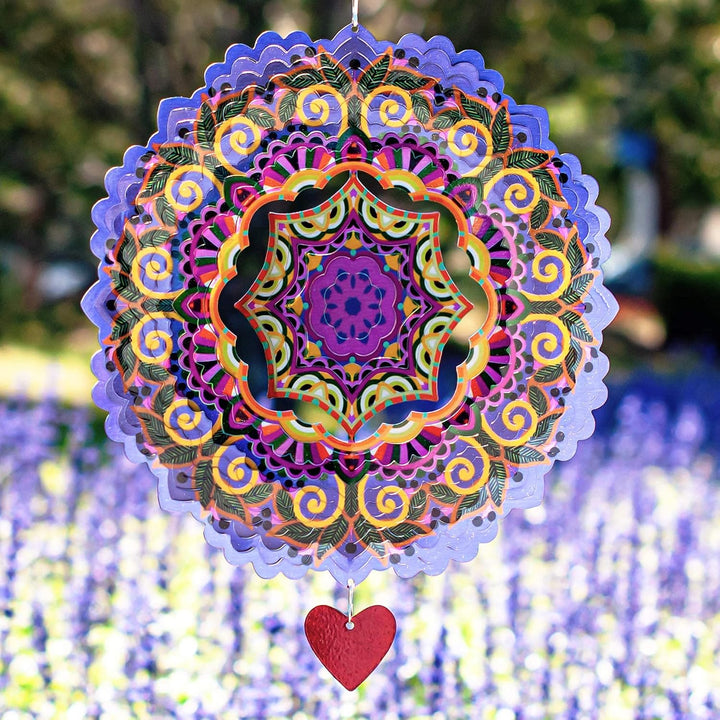 Wind Spinner - 12-Inch 3D Stainless Steel Lovebird Design with Heart Pendant - Laser Cut Metal Art Geometric Pattern - Hanging Kinetic Yard Garden Decor