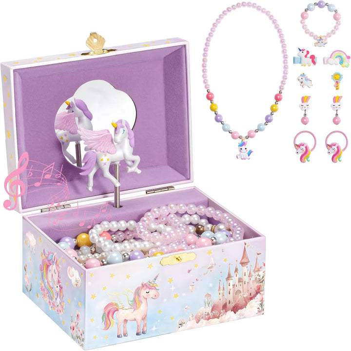 Unicorn Jewelry Box for Girls, Musical Kids Jewelry Box with Spinning Unicorn Doll, Birthday Gifts for Little Girls Children Toddler Ages 3 4 5 6 7 8 -Pink (Box Only)