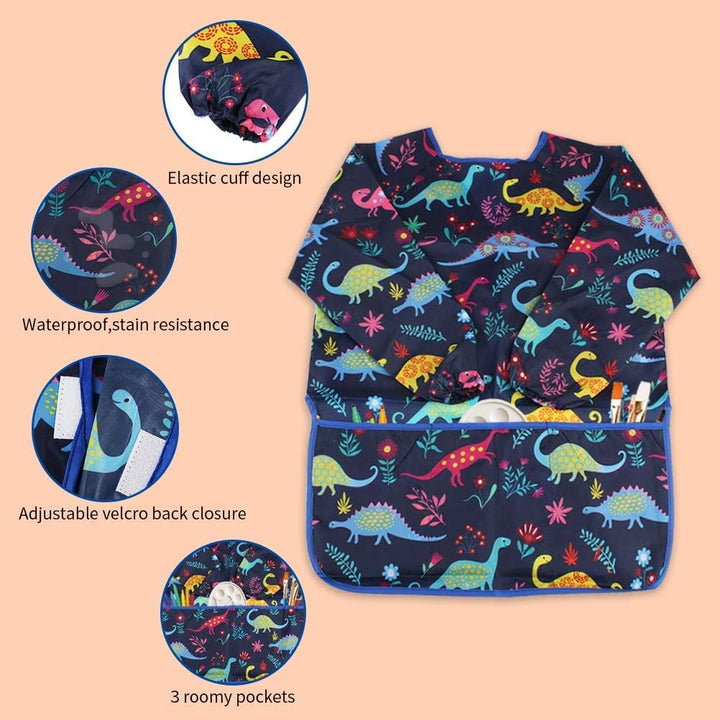 Kids Art Smocks 2 Pack Dinosaur Painting Apron for Children Waterproof Artist Smock with Long Sleeve and 3 Pockets for Age 3-8 Years