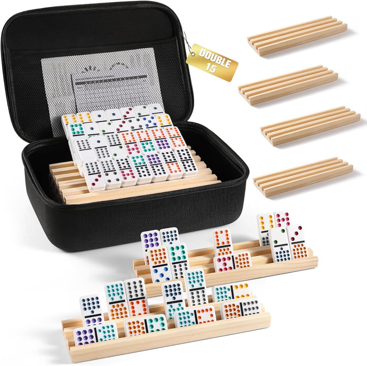 Mexican Train Dominoes Set with 4 Wooden Trays/Racks, Double 12 Dominos Travel Set with 4 Domino Tiles Holders, 91 Tiles Double 12 Colored Dominoes Game Set with Portable Case for Families Kids