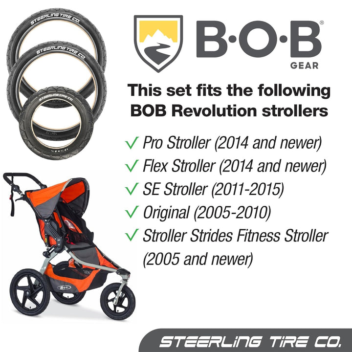 Two 16" X 1.75 Rear and One 12.5" X 2.25 Front Wheel Replacement Tires for Jogging Strollers - the Perfect BOB Stroller Tire Replacement Set by  (3-Pack)