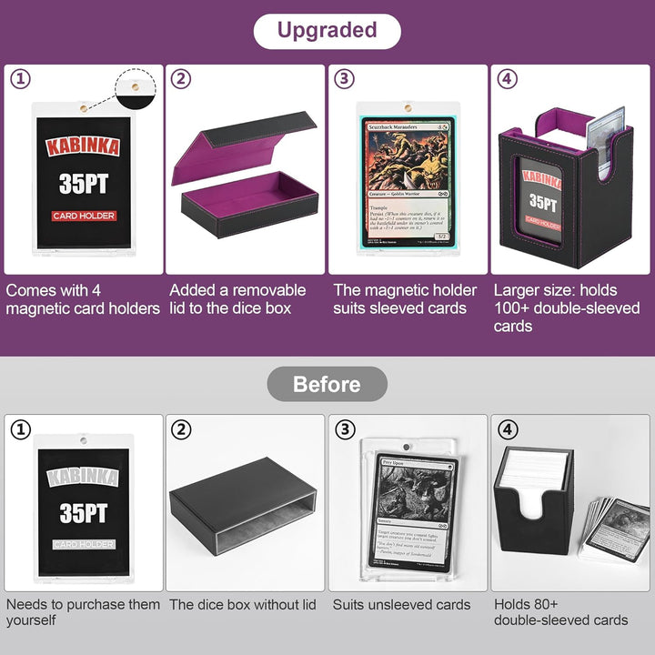 Card Deck Box for MTG with Commander Display, 5 in 1 Card Storage Box Fits 400+ Double-Sleeved Cards, Removable Deck Case for Tcg/Sports Cards with Dice Tray, 4 Magnetic Card Holders (Black Purple)