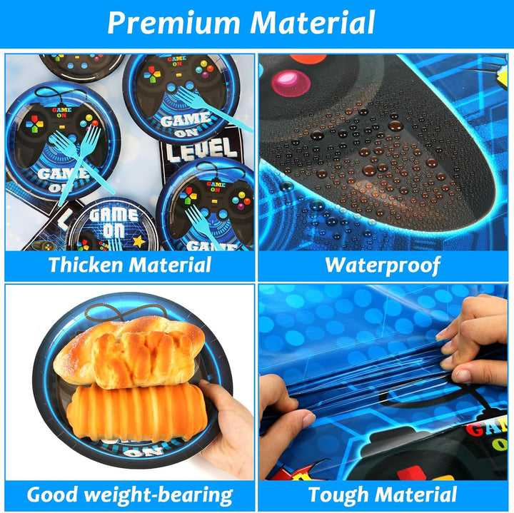 Video Game Party Supplies Tableware Set for 24 Guests - Gaming Birthday Plates, Blue Gamer Decorations Includes Plates, Napkins, Tablecloths