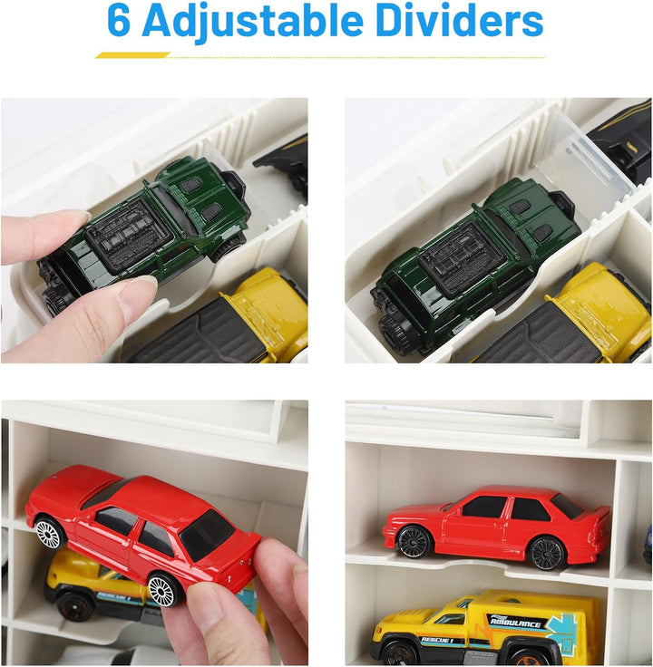 Hot Wheels Storage Case: Carrying Display Case for 1/64 Scale Toy Cars, 48-Slot Double-Sided Transparent Organizer with Built-In Steps Prevent Sliding & Adjustable Dividers