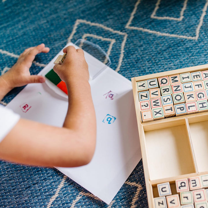 Wooden Alphabet Stamp Set - 56 Stamps with Lower-Case and Capital Letters Preschool Writing Toys, ABC Stamps, Kids Arts & Crafts, Letter for Kids Ages 4+