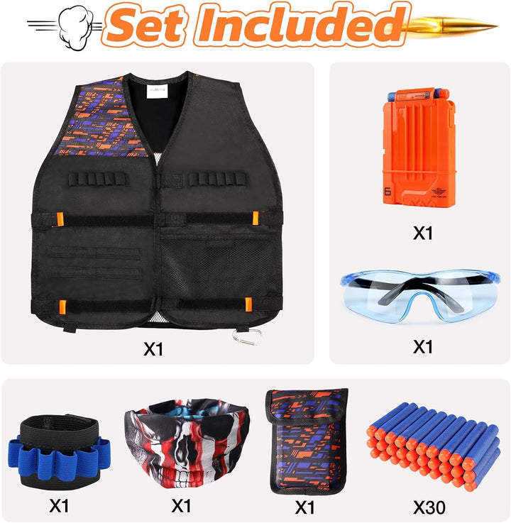 Kids Tactical Vest Kit for Nerf Guns Elite Series with Refill Darts,Tactical Mask Wrist Band,Protective Glasses,Toys for 7 8 9 10 12 Year Old, Orange