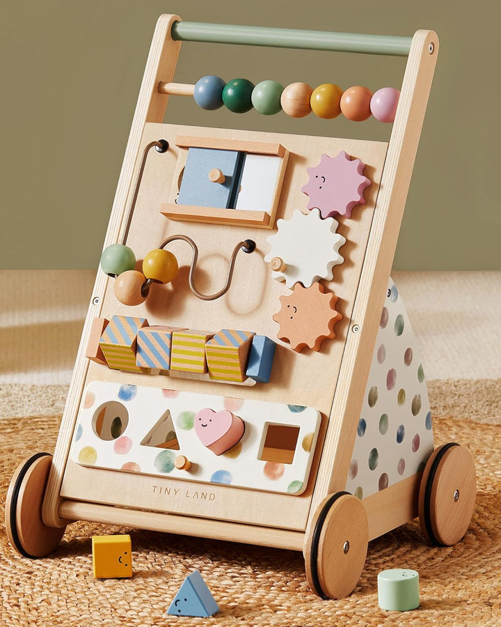 Wooden Baby Walker, Adjustable Speed Baby Push Walker for Boys and Girls, Montessori Activity Center Push Toy for Kids Development (Morandi)