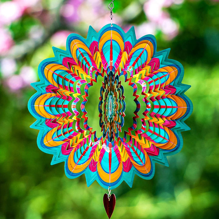 Wind Spinner - 12-Inch 3D Stainless Steel Lovebird Design with Heart Pendant - Laser Cut Metal Art Geometric Pattern - Hanging Kinetic Yard Garden Decor