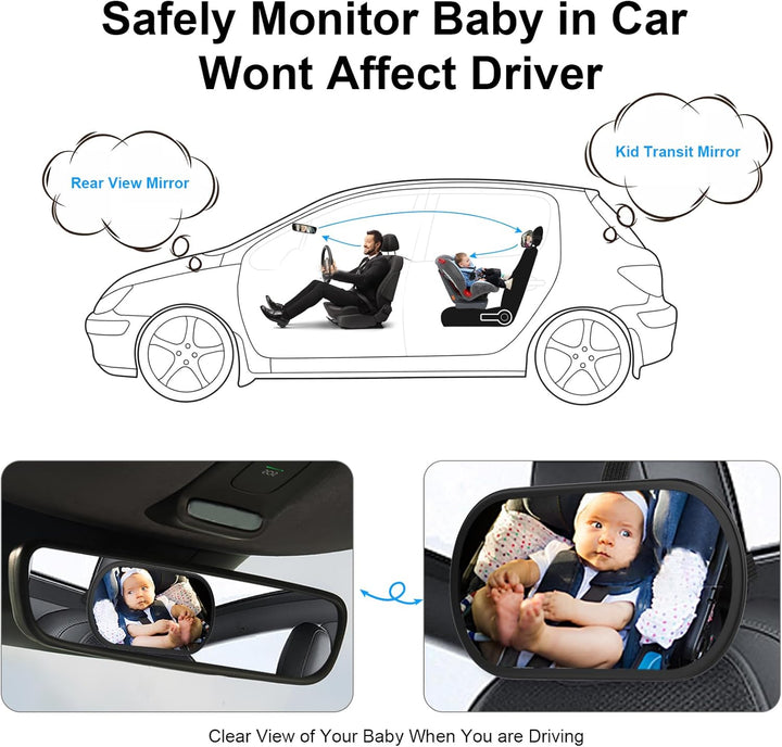 Baby Car Mirror, Safety Car Seat Mirror for Rear Facing Infant, Clear Wide View, 360°Rotation, Easily Observe the Baby Move, Secure, Shatterproof, Crash Tested and Certified (Black)