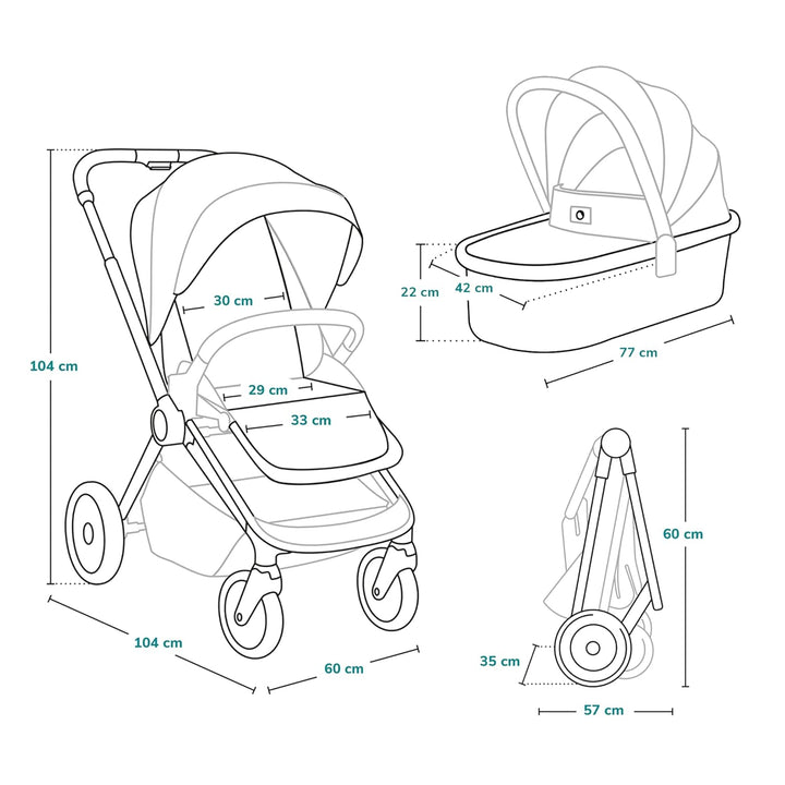 Mika 2-In-1 Combination Pushchair Baby Carrycot Pram Buggy Rain Cover Shoulder Strap for Transport, Mattress, Mosquito Net, Foot Cover, Waterproof Material, Rubber Wheels (Grey Graphite)