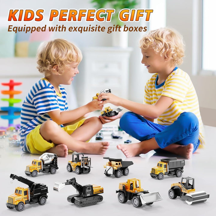 Alloy Mini Construction Vehicles, 8Pcs Die-Cast Construction Toys Set, Excavators Mixer Truck Bulldozers Forklift Dump Truck, Pull Back Car Toys for Toddlers Kids Boys & Girls